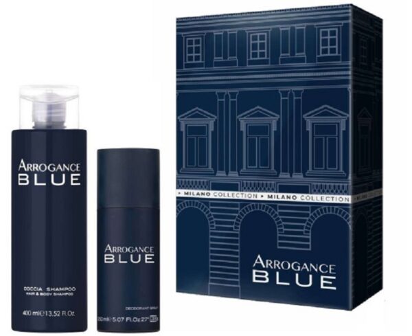 ARROGANCE BLUE COFFRET HAIR&BODY SHAMPOO 400ML+DEO 150ML SPRAY NEW 24