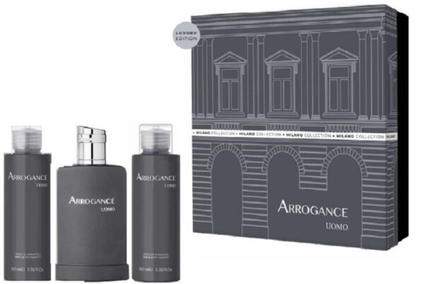 ARROGANCE UOMO COFFRET EDT 50ML SPRAY+2X HAIR&BODY SHAMPOO 100M NEW 24