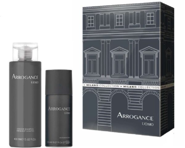 ARROGANCE UOMO COFFRET HAIR&BODY SHAMPOO 400ML+DEO 150ML SPRAY NEW 24